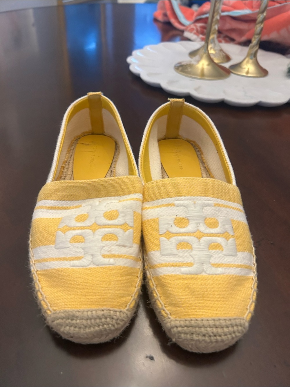 Tory Burch Yellow Canvas Espadrille with White Logo Accent